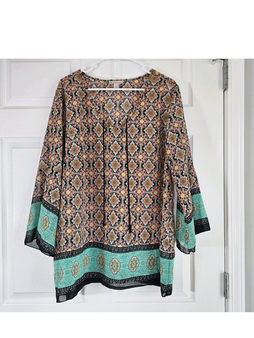 Boho Chic Geometric Bell Sleeve Tunic Blouse Womens 1X Southwestern Festival
